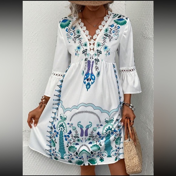 Boho Floral Peacock Print Guipure Crochet Lace Flounce Sleeve Dress White - Picture 3 of 6
